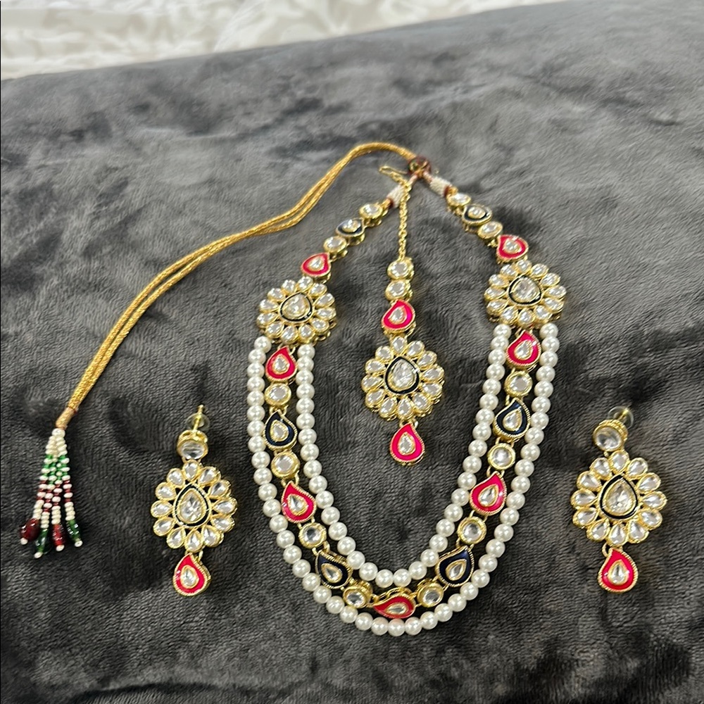 Multicolor Indian Bollywood Wedding Gold Plated Pearl Kundan Jewelry Set Choker